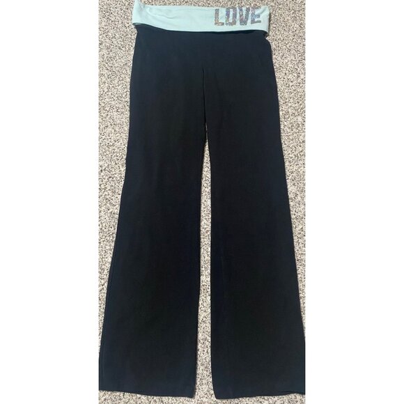 Victorias Secret Pink LOVE  Yoga Pants Women Foldover Flare Leg Y2K Large Black - Picture 1 of 5